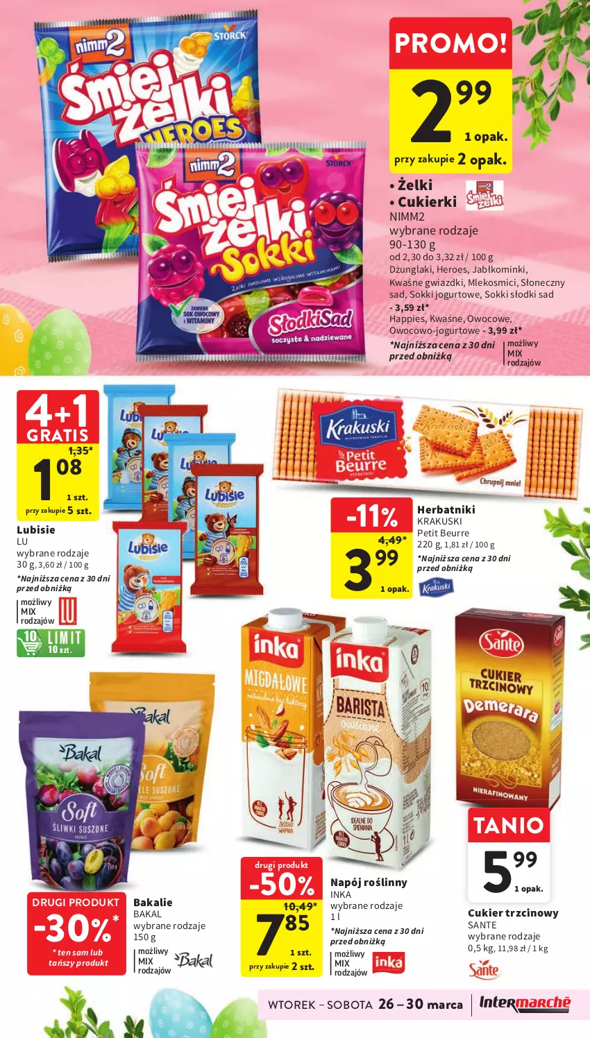 Gazetka promocyjna Intermarche - Gazetka Intermarche - ważna 26.03 do 30.03.2024 - strona 37 - produkty: Cukier, Cukier trzcinowy, Cukierki, Gra, Herbatniki, Inka, Jogurt, Krakus, Krakuski, Lubisie, Mleko, Napój, Napój roślinny, Nimm2, Sante, Sok