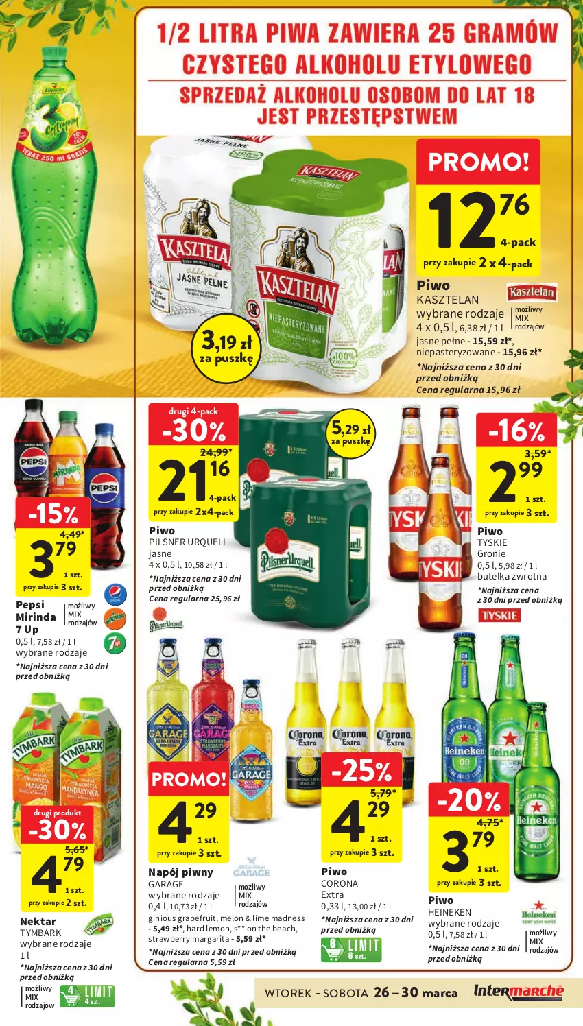 Gazetka promocyjna Intermarche - Gazetka Intermarche - ważna 26.03 do 30.03.2024 - strona 43 - produkty: Corona Extra, Gin, Gra, Heineken, Kasztelan, Melon, Mirinda, Napój, Nektar, Pepsi, Pilsner Urquell, Piwo, Tymbark, Tyskie