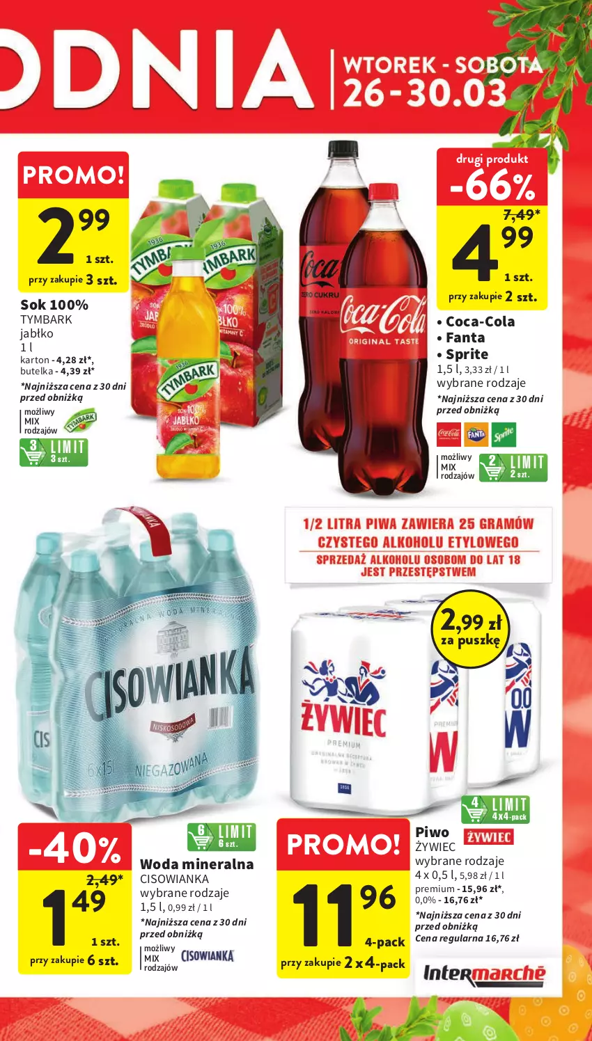 Gazetka promocyjna Intermarche - Gazetka Intermarche - ważna 26.03 do 30.03.2024 - strona 5 - produkty: Cisowianka, Coca-Cola, Fa, Fanta, Piwo, Sok, Sprite, Tymbark, Woda, Woda mineralna