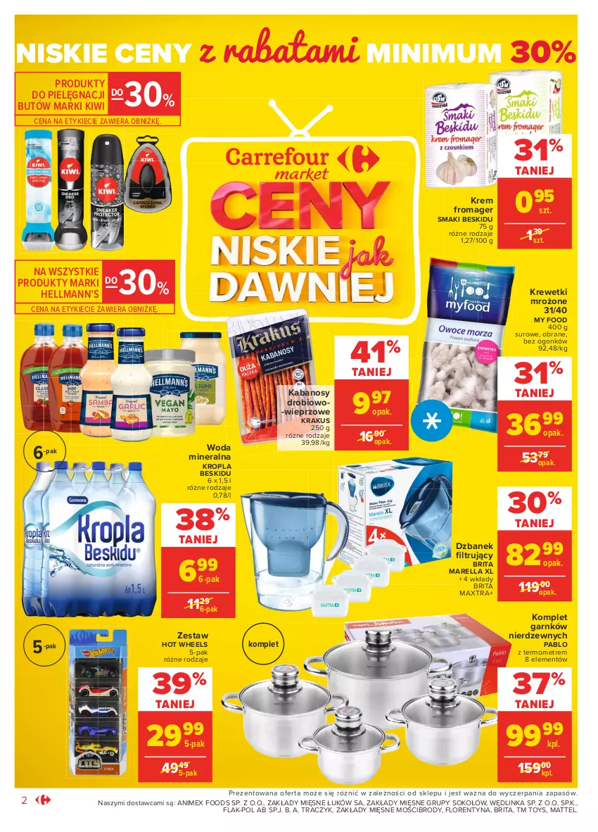 Gazetka promocyjna Carrefour - Gazetka Market - ważna 01.03 do 13.03.2021 - strona 2 - produkty: Brit, Brita, Brita Maxtra, Dzbanek, Hellmann’s, Hot Wheels, Inka, Kabanos, Kiwi, Krakus, Krewetki, Mattel, Sok, Sokołów, Termometr, Woda, Woda mineralna