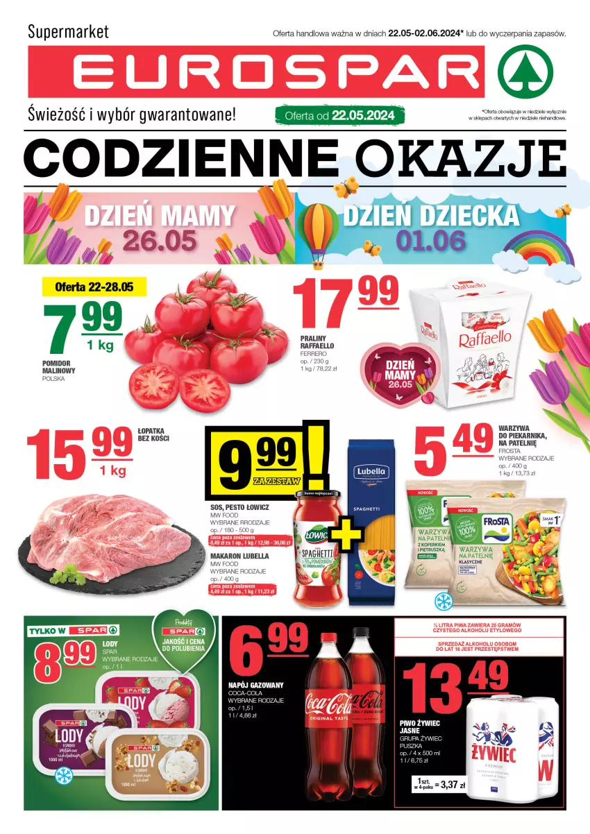 Gazetka promocyjna Spar - EuroSpar - ważna 19.05 do 29.05.2024 - strona 1 - produkty: Bell, Bella, Coca-Cola, Fa, Ferrero, Frosta, Lubella, Makaron, Pesto, Piekarnik, Piwo, Praliny, Raffaello, Sos, Warzywa