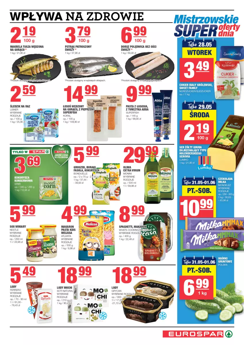 Gazetka promocyjna Spar - EuroSpar - ważna 19.05 do 29.05.2024 - strona 5 - produkty: Bonduelle, Buraki, Fa, Fasola, Ferrero, Gin, Gouda, Groszek, Gry, Koc, Lisner, Lody, Makaron, Monini, Pieprz, Polędwica, Por, Pstrąg, Ser, Sos, Spaghetti, Tuńczyk, Tusz, Winiary, Zdrowie