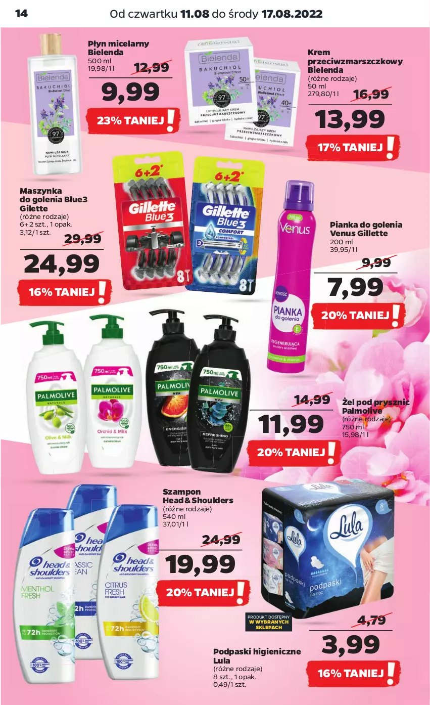 Gazetka promocyjna Netto - Artykuły spożywcze - ważna 11.08 do 17.08.2022 - strona 14 - produkty: Bielenda, Gillette, Krem przeciwzmarszczkowy, Mars, Maszynka, Maszynka do golenia, Palmolive, Pianka do golenia, Płyn micelarny, Podpaski, Szampon, Szynka, Venus