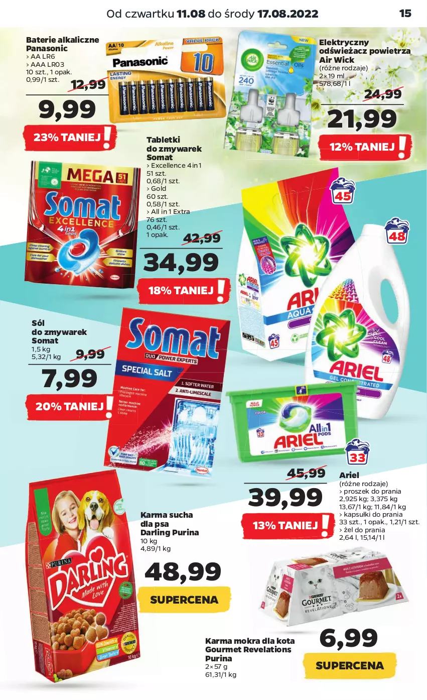 Gazetka promocyjna Netto - Artykuły spożywcze - ważna 11.08 do 17.08.2022 - strona 15 - produkty: Air Wick, Ariel, Baterie alkaliczne, Kapsułki do prania, Odświeżacz powietrza, Panasonic, Proszek do prania, Pur, Purina, Sól, Somat, Tablet