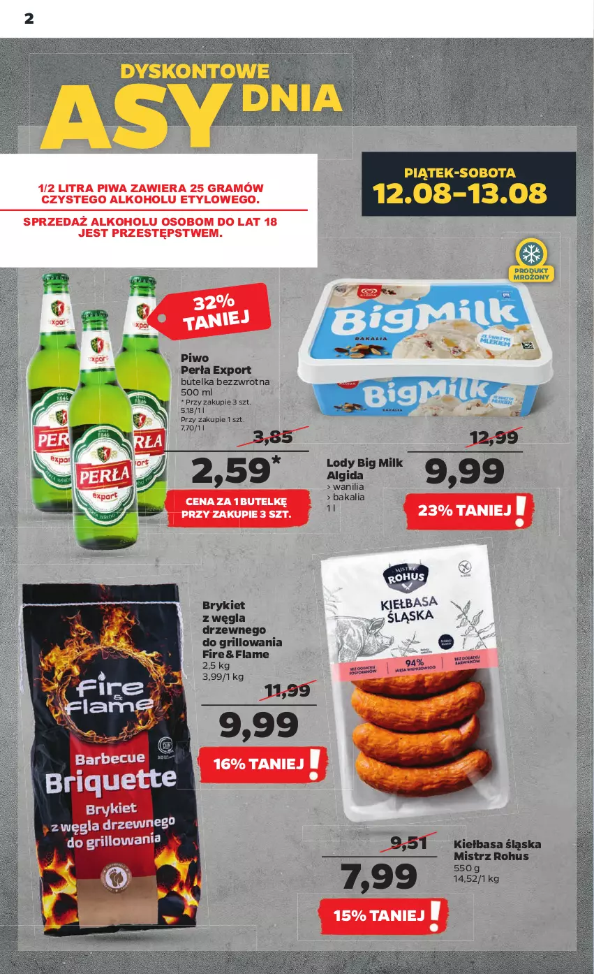 Gazetka promocyjna Netto - Artykuły spożywcze - ważna 11.08 do 17.08.2022 - strona 2 - produkty: Algida, Big Milk, Gra, Grill, Kiełbasa, Kiełbasa śląska, LG, Lody, Perła, Piwa, Piwo, Por