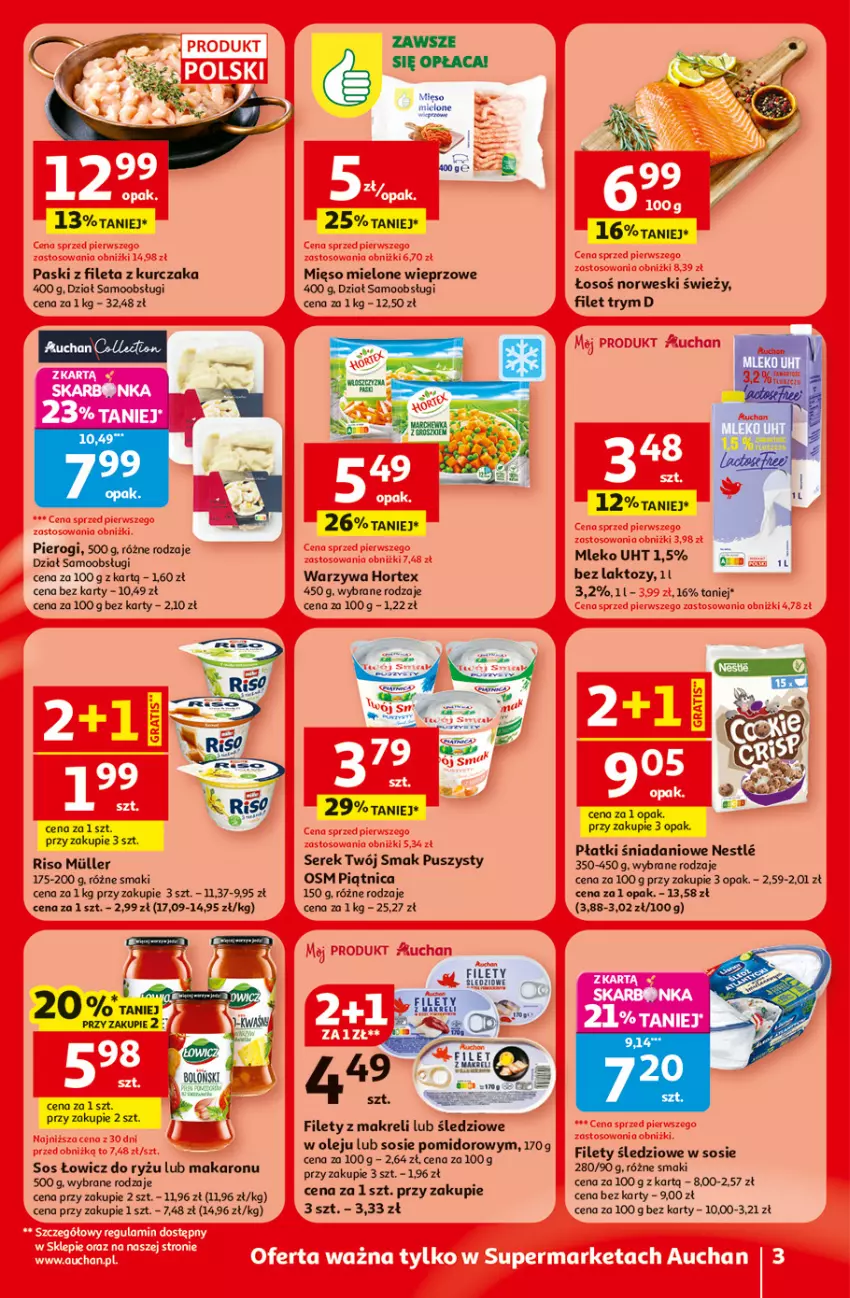 Gazetka promocyjna Auchan - Gazetka 30 Lat Supermarket Auchan Franczyza - ważna 08.01 do 14.01.2026 - strona 3 - produkty: Danio, Hortex, Kurczak, Makaron, Mięso, Mięso mielone, Mleko, Olej, Piątnica, Pierogi, Ryż, Ser, Serek, Sos, Twój Smak, Warzywa