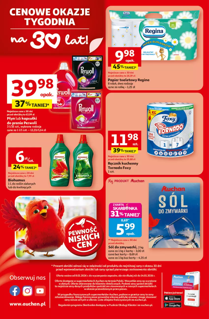 Gazetka promocyjna Auchan - Gazetka 30 Lat Supermarket Auchan Franczyza - ważna 08.01 do 14.01.2026 - strona 4 - produkty: Biohumus, Foxy, Gin, Mus, Papier, Papier toaletowy, Ręcznik, Ręcznik kuchenny, Sól, Zmywarki