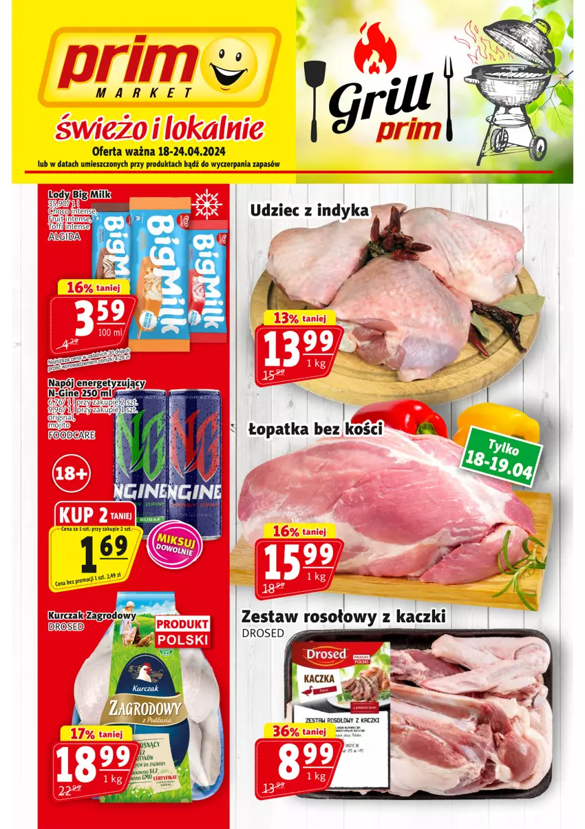 Gazetka promocyjna Prim Market - ważna 18.04 do 24.04.2024 - strona 1 - produkty: Algida, Gin, Grill, Kurczak, LG, Lody, Por, Udziec z indyka, Zestaw rosołowy z kaczki