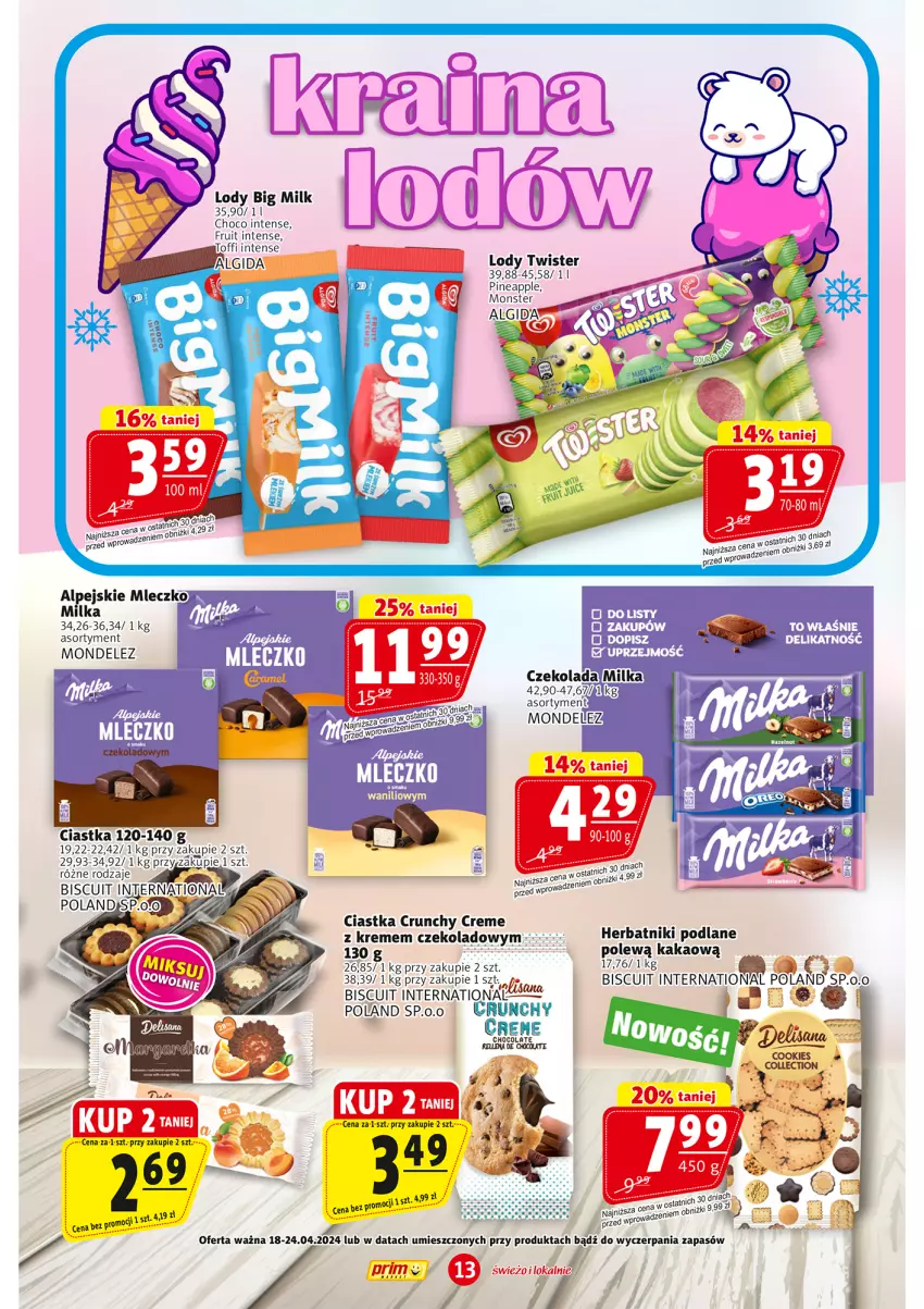 Gazetka promocyjna Prim Market - ważna 18.04 do 24.04.2024 - strona 13 - produkty: Algida, Big Milk, Ciastka, Herbatniki, Kakao, LG, Lody, Milka, Mleczko