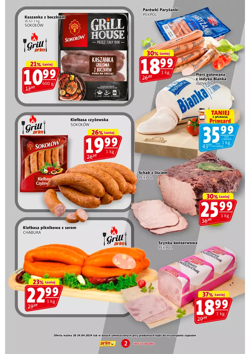 Gazetka promocyjna Prim Market - ważna 18.04 do 24.04.2024 - strona 2 - produkty: Grill, Kiełbasa, Parówki, Pekpol, Por, Ryż, Ser, Sok, Sokołów, Szynka, Szynka konserwowa