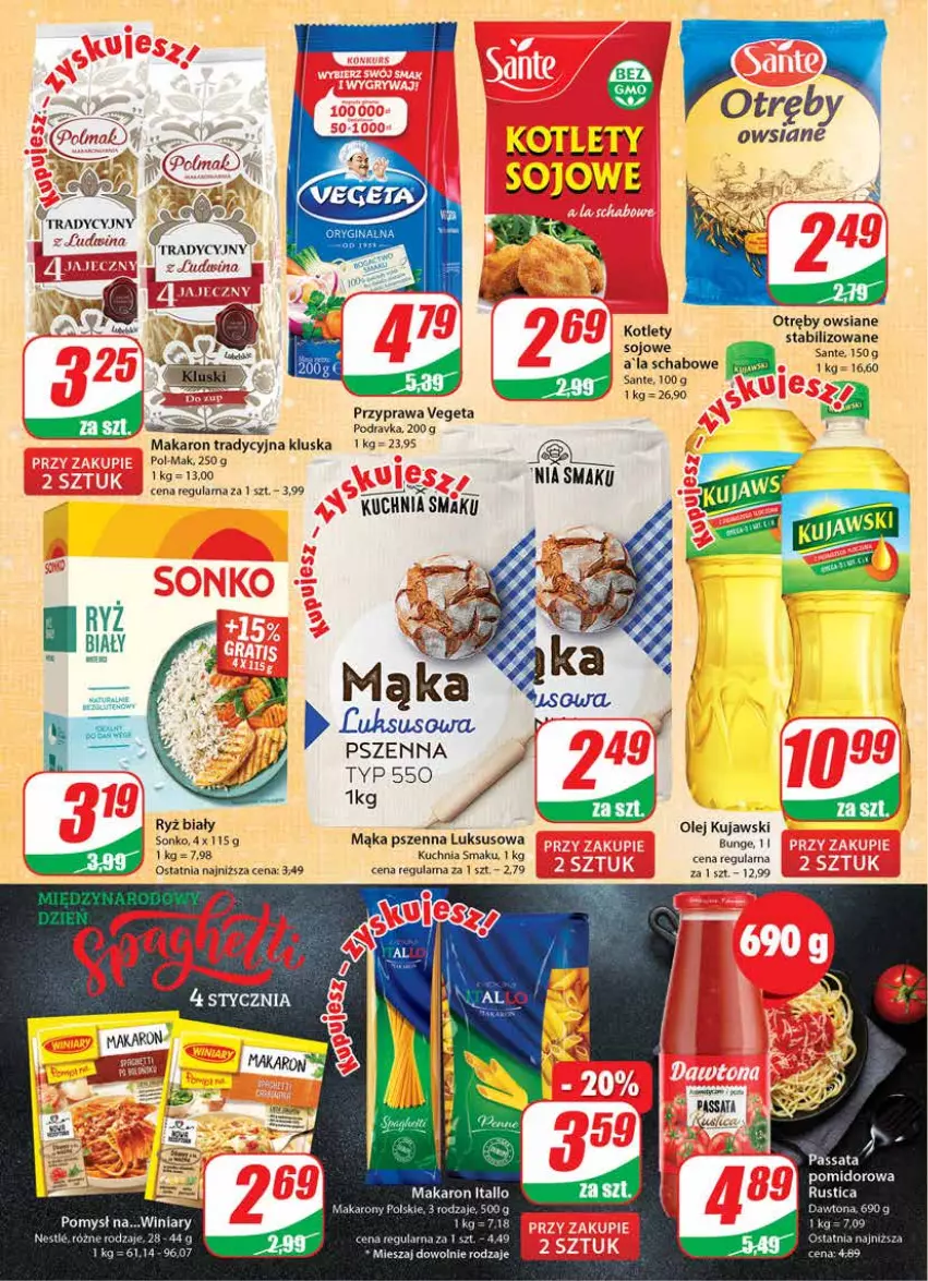 Gazetka promocyjna Dino - Gazetka - ważna 04.01 do 10.01.2023 - strona 8 - produkty: Dawtona, Kotlet, Kuchnia, Kujawski, Mąka, Mąka pszenna, Makaron, Olej, Podravka, Ryż, Ryż biały, Sante, Sonko, Vegeta, Winiary