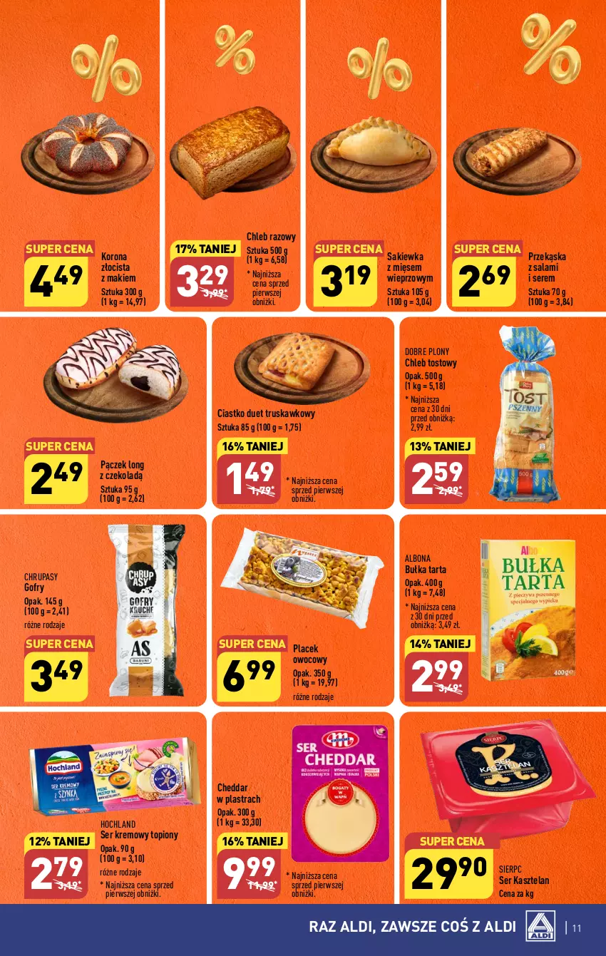 Gazetka promocyjna Aldi - Pełna oferta - ważna 18.09 do 23.09.2023 - strona 11 - produkty: Albona, Bułka, Bułka tarta, Cheddar, Chleb, Chleb tostowy, Gofry, Hochland, Kasztelan, Pączek, Salami, Ser, Ser Kasztelan, Tarta, Top