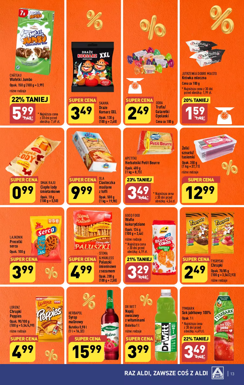 Gazetka promocyjna Aldi - Pełna oferta - ważna 18.09 do 23.09.2023 - strona 13 - produkty: Chrupki, Ciepłe lody, Gala, Galaretki, Gry, Herbapol, Herbatniki, Herbatniki Petit Beurre, Jutrzenka, Kawa, Lajkonik, Lanki, Lody, Lorenz, Napój, Precelki, Ser, Sezam, Sok, Sok jabłkowy, Syrop, Tymbark, Wafle