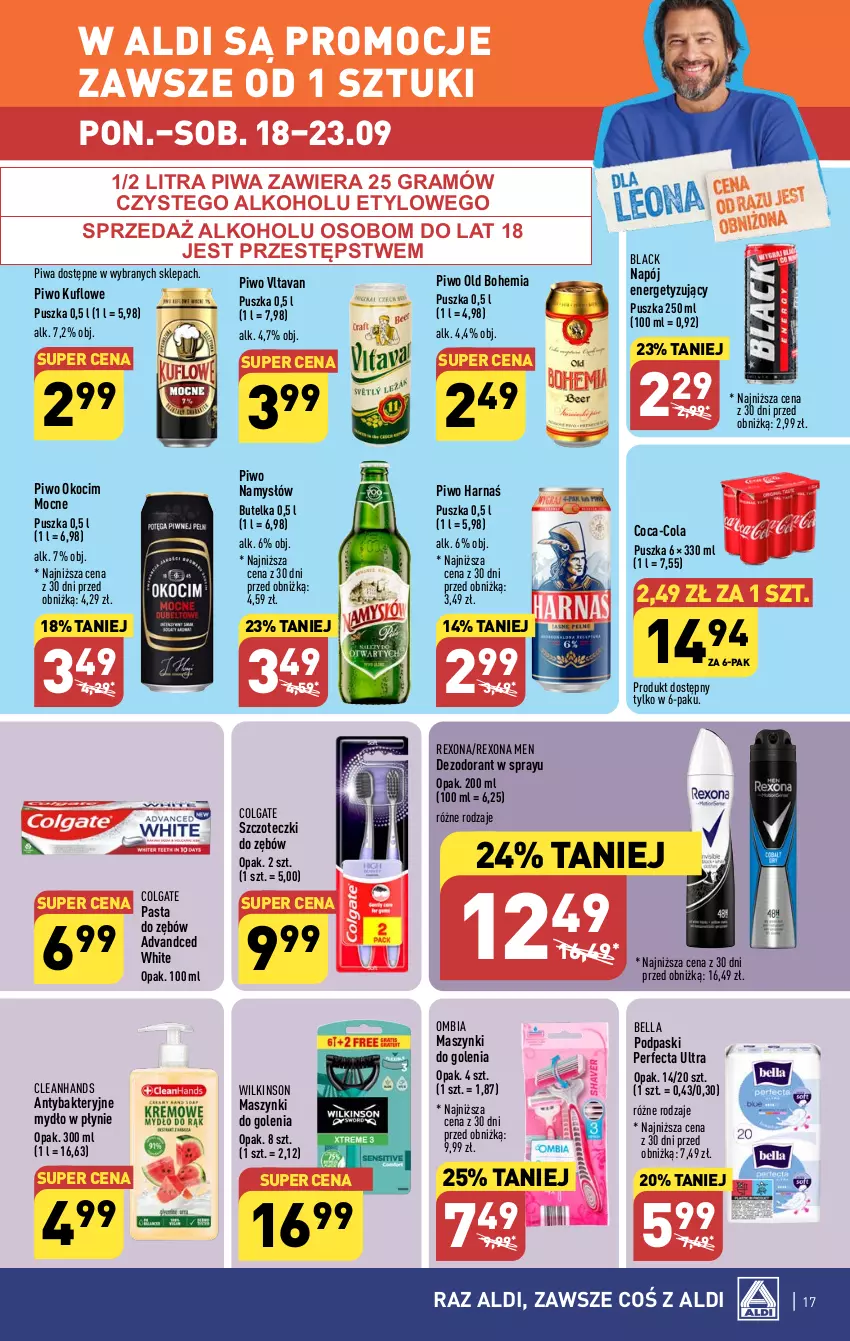 Gazetka promocyjna Aldi - Pełna oferta - ważna 18.09 do 23.09.2023 - strona 17 - produkty: Antybakteryjne mydło, Bell, Bella, Coca-Cola, Colgate, Dezodorant, Gra, Harnaś, Koc, Lack, LG, Mydło, Mydło w płynie, Namysłów, Napój, Okocim, Perfecta, Piwa, Piwo, Podpaski, Rexona