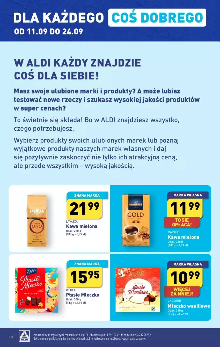 Gazetka promocyjna Aldi - Pełna oferta - ważna 18.09 do 23.09.2023 - strona 18 - produkty: Kawa, Kawa mielona, Koc, Lavazza, Mleczko, Ptasie mleczko, Sok