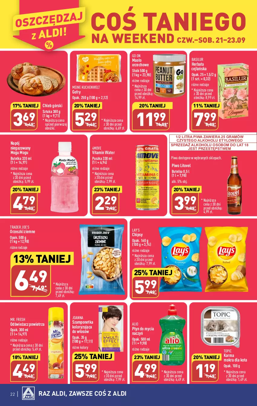 Gazetka promocyjna Aldi - Pełna oferta - ważna 18.09 do 23.09.2023 - strona 22 - produkty: Chipsy, Chleb, Do mycia naczyń, Gofry, Gra, Herbata, Joanna, Masło, Masło orzechowe, Napój, Napój niegazowany, Odświeżacz powietrza, Orzeszki, Orzeszki ziemne, Piwa, Piwo, Płyn do mycia, Płyn do mycia naczyń, Szampon, Top