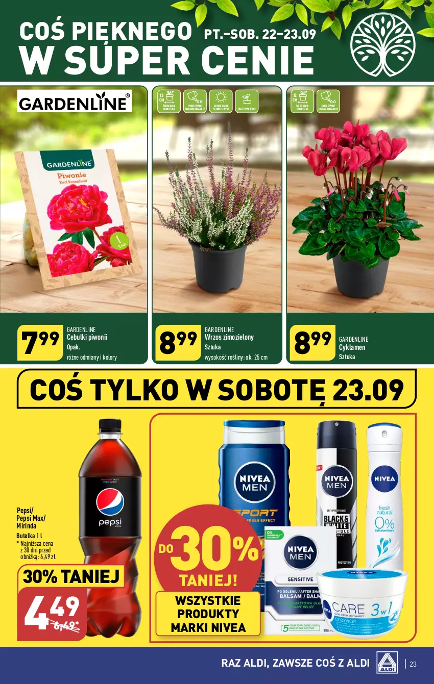 Gazetka promocyjna Aldi - Pełna oferta - ważna 18.09 do 23.09.2023 - strona 23 - produkty: Cyklamen, Mirinda, Nivea, Pepsi, Pepsi max, Piwo, Sok