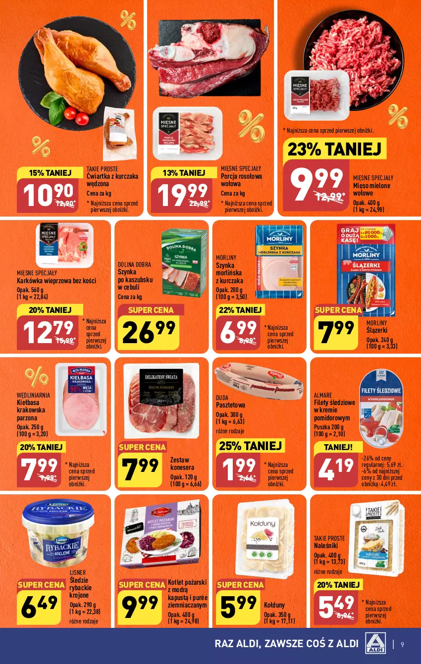 Gazetka promocyjna Aldi - Pełna oferta - ważna 18.09 do 23.09.2023 - strona 9 - produkty: Duda, Kapustą, Karkówka wieprzowa, Kiełbasa, Kiełbasa krakowska, Kotlet, Kurczak, Lisner, Mięsne specjały, Mięso, Mięso mielone, Morliny, Naleśniki, Pasztet, Por, Pur, Ryba, Ser, Szynka