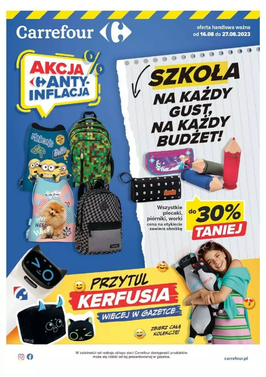 Gazetka promocyjna Carrefour - ważna 16.08 do 27.08.2023 - strona 1 - produkty: Fa, Piórnik, Plecak, Ser