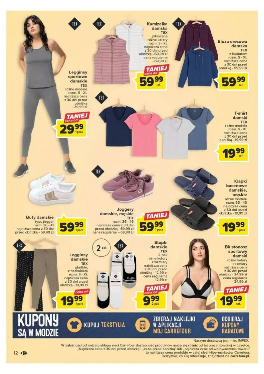 Gazetka promocyjna Carrefour - ważna 16.08 do 27.08.2023 - strona 4 - produkty: Bluza, Bluza dresowa, Buty, Dres, Gin, Kamizelka, Klapki, Klej, Legginsy, Por, Sport, T-shirt, Top