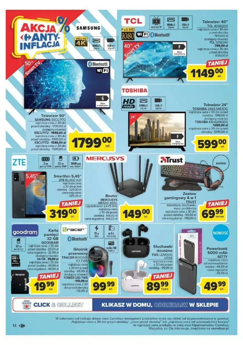 Gazetka promocyjna Carrefour - ważna 16.08 do 27.08.2023 - strona 6 - produkty: Acer, Głośnik, Klawiatura, Lenovo, Mysz, Podkład, Podkładka, Powerbank, Router, Rust, Samsung, Słuchawki, Smartfon, Telewizor, Toshiba