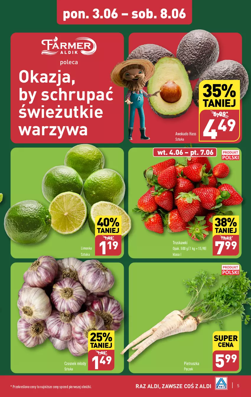 Gazetka promocyjna Aldi - Farmer ALDIK poleca świeże owoce i warzywa - ważna 03.06 do 08.06.2024 - strona 5 - produkty: Czosnek, Limonka, Pietruszka, Truskawki, Warzywa