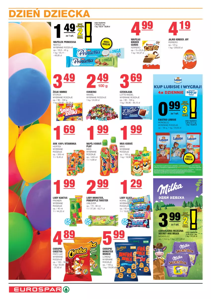 Gazetka promocyjna Spar - EuroSpar - ważna 28.05 do 07.06.2023 - strona 6 - produkty: Chrupki, Cukier, Cukierki, Czekolada, Fa, Ferrero, Gry, Hortex, Inka, Kaktus, Kinder, Lody, Lorenz, Lubisie, Monster Munch, Mus, Nimm2, Princessa, Sok, Wafelek, Wawel