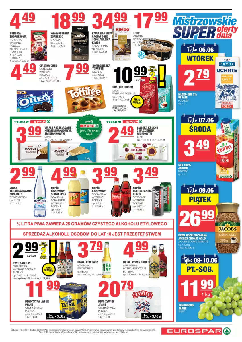 Gazetka promocyjna Spar - EuroSpar - ważna 28.05 do 07.06.2023 - strona 7 - produkty: BIC, Carlsberg, Ciastka, Coca-Cola, Fa, Gin, Gry, Herbapol, Herbata, Jacobs, Kakao, Kawa, Kawa mielona, Kawa rozpuszczalna, Kawa ziarnista, Lack, Lavazza, Lindor, Lindt, Lody, Oreo, Piwo, Praliny, Schweppes, Sok, Tatra, Toffifee, Torebka, Wafle, Wino, Woda