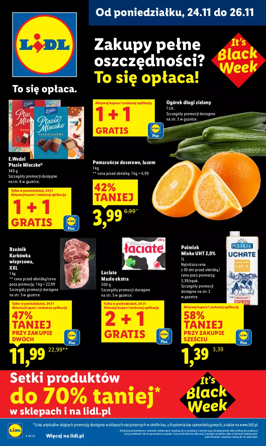 Gazetka promocyjna Lidl - GAZETKA - ważna 24.11 do 26.11.2025 - strona 1 - produkty: Deser, Gra, Karkówka wieprzowa, Lack, Masło, Mleczko, Mleko, Ogórek, POLMLEK, Pomarańcze, Ptasie mleczko, Ser