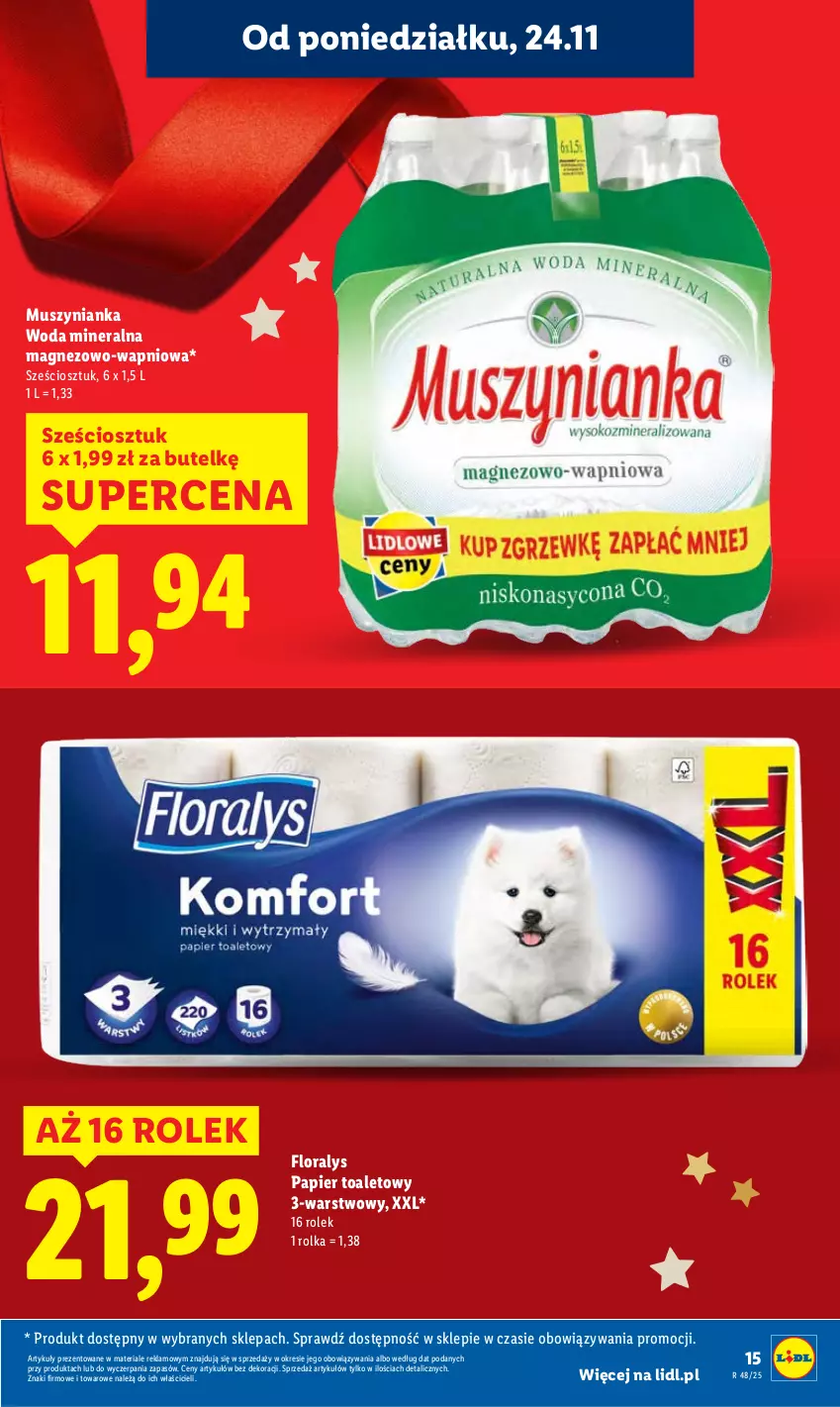 Gazetka promocyjna Lidl - GAZETKA - ważna 24.11 do 26.11.2025 - strona 15 - produkty: Flora, Magnez, Mus, Muszynianka, Papier, Papier toaletowy, Woda, Woda mineralna