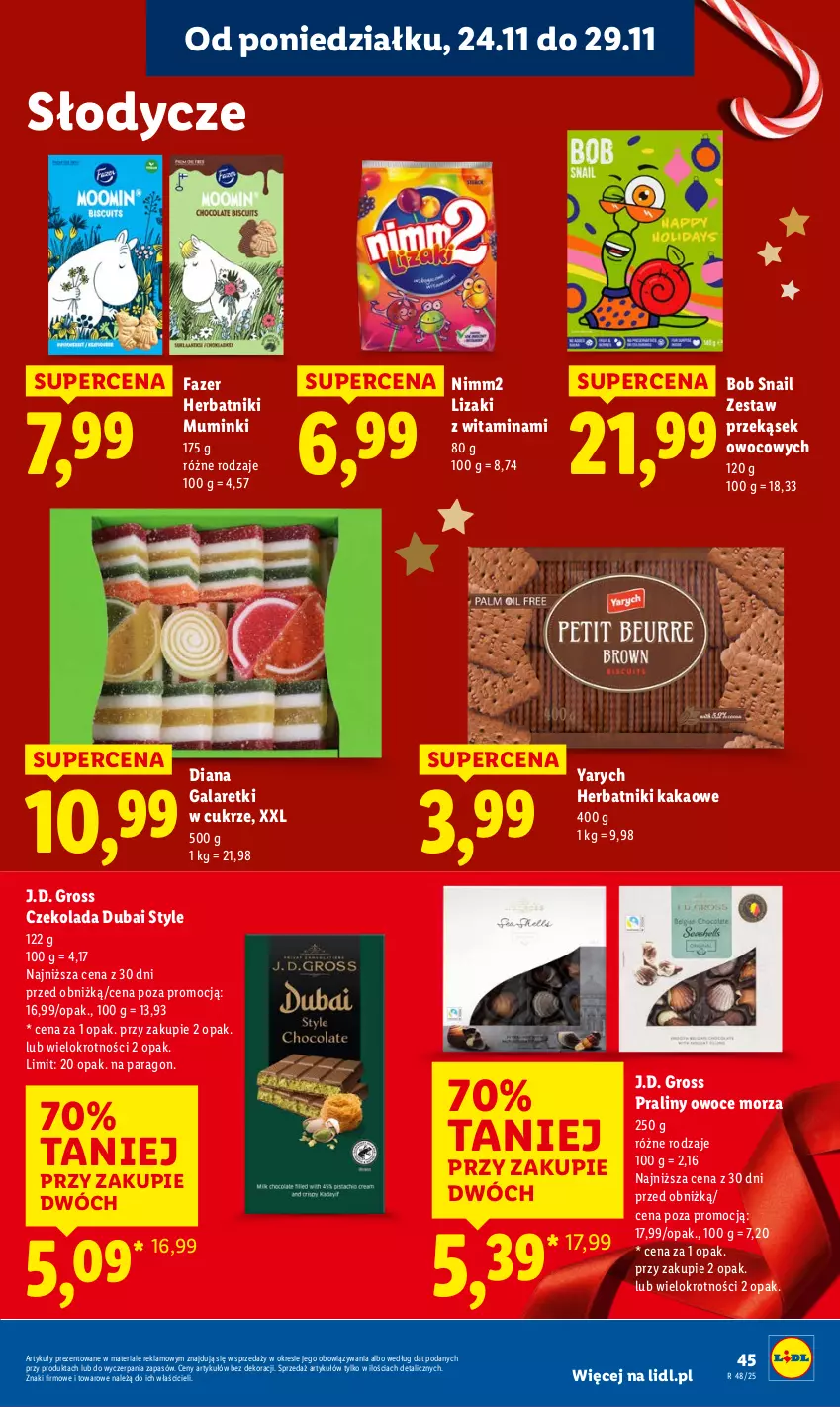 Gazetka promocyjna Lidl - GAZETKA - ważna 24.11 do 26.11.2025 - strona 45 - produkty: Czekolada, Fa, Gala, Galaretki, Herbatniki, Kakao, Lizaki, Nimm2, Owoce, Owoce morza, Praliny