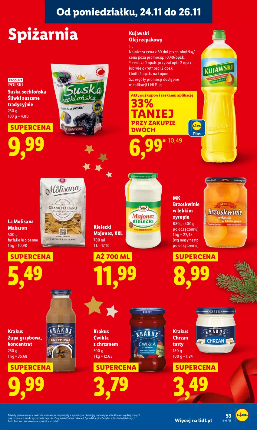 Gazetka promocyjna Lidl - GAZETKA - ważna 24.11 do 26.11.2025 - strona 53 - produkty: Brzoskwinie, Chrzan, Fa, Isana, Krakus, Kujawski, Majonez, Makaron, Olej, Olej rzepakowy, Penne, Syrop, Zupa