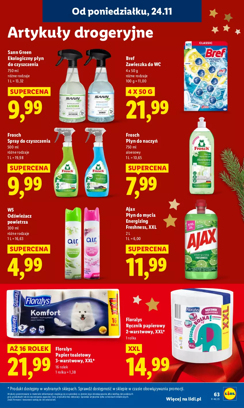 Gazetka promocyjna Lidl - GAZETKA - ważna 24.11 do 26.11.2025 - strona 63 - produkty: Ajax, Bref, Flora, Frosch, Odświeżacz powietrza, Papier, Papier toaletowy, Płyn do mycia, Ręcznik, Spray do czyszczenia, Zawieszka do wc