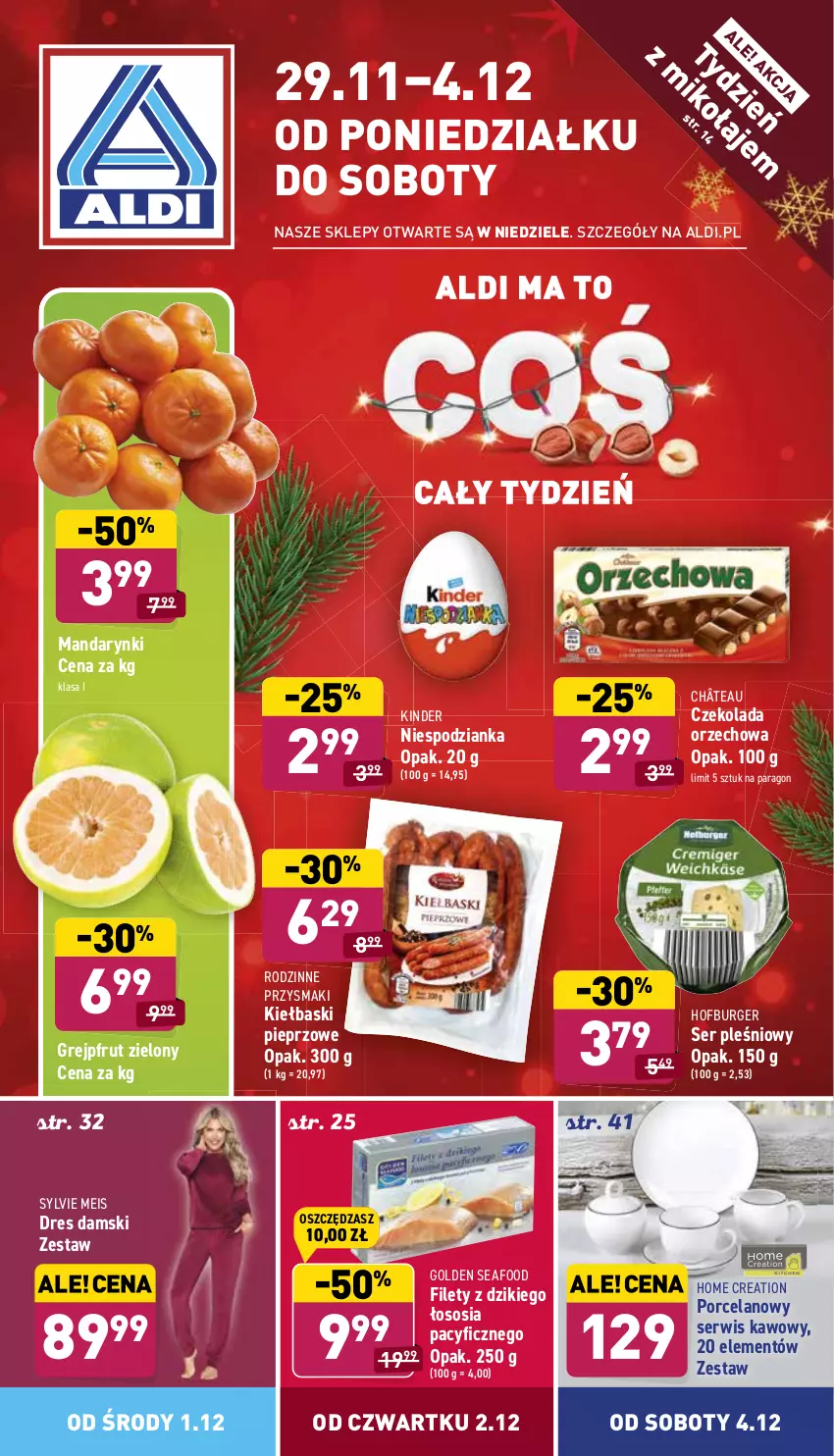 Gazetka promocyjna Aldi - ważna 29.11 do 04.12.2021 - strona 1 - produkty: Burger, Czekolada, Czekolada orzechowa, Dres, Golden Seafood, Grejpfrut, Hofburger, Kiełbaski pieprzowe, Kinder, Mandarynki, Pieprz, Por, Przysmaki, Ser, Ser pleśniowy, Sos