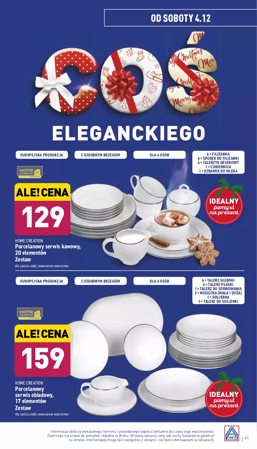 Gazetka promocyjna Aldi - ważna 29.11 do 04.12.2021 - strona 41 - produkty: Cukier, Deser, Dzbanek, Filiżanka, Miseczka, Por, Ser, Serwis obiadowy, Sos, Talerz, Talerz głęboki, Talerzyk