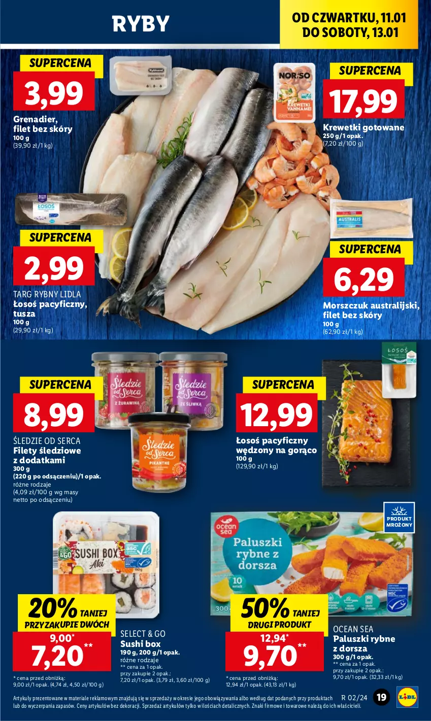 Gazetka promocyjna Lidl - GAZETKA - ważna 11.01 do 13.01.2024 - strona 21 - produkty: Dorsz, Grenadier, Krewetki, Paluszki rybne, Ser, Sushi, Tusz