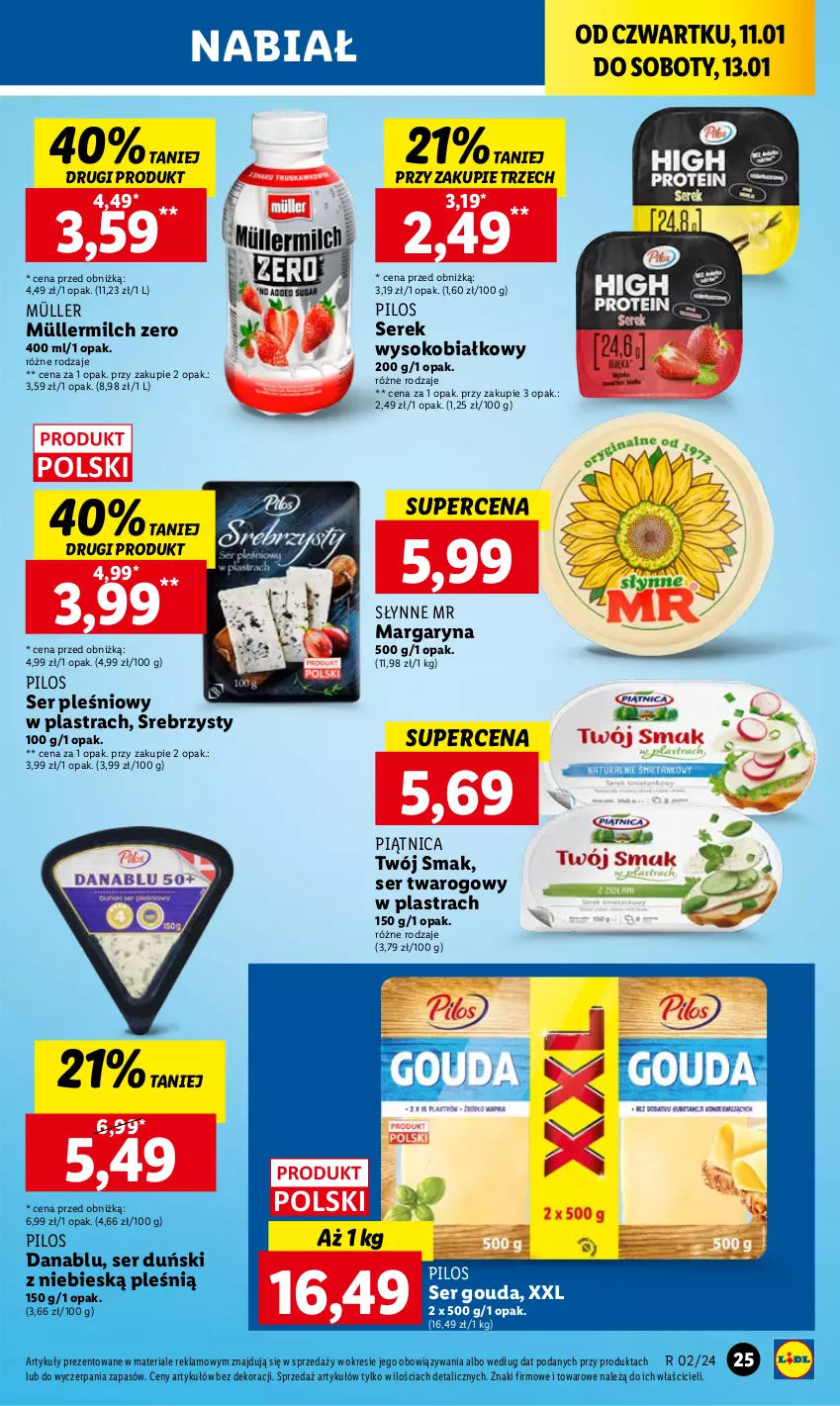 Gazetka promocyjna Lidl - GAZETKA - ważna 11.01 do 13.01.2024 - strona 27 - produkty: Gouda, Margaryna, Müller, Müllermilch, Piątnica, Pilos, Ser, Ser pleśniowy, Ser twarogowy, Serek, Słynne, Sok, Twój Smak