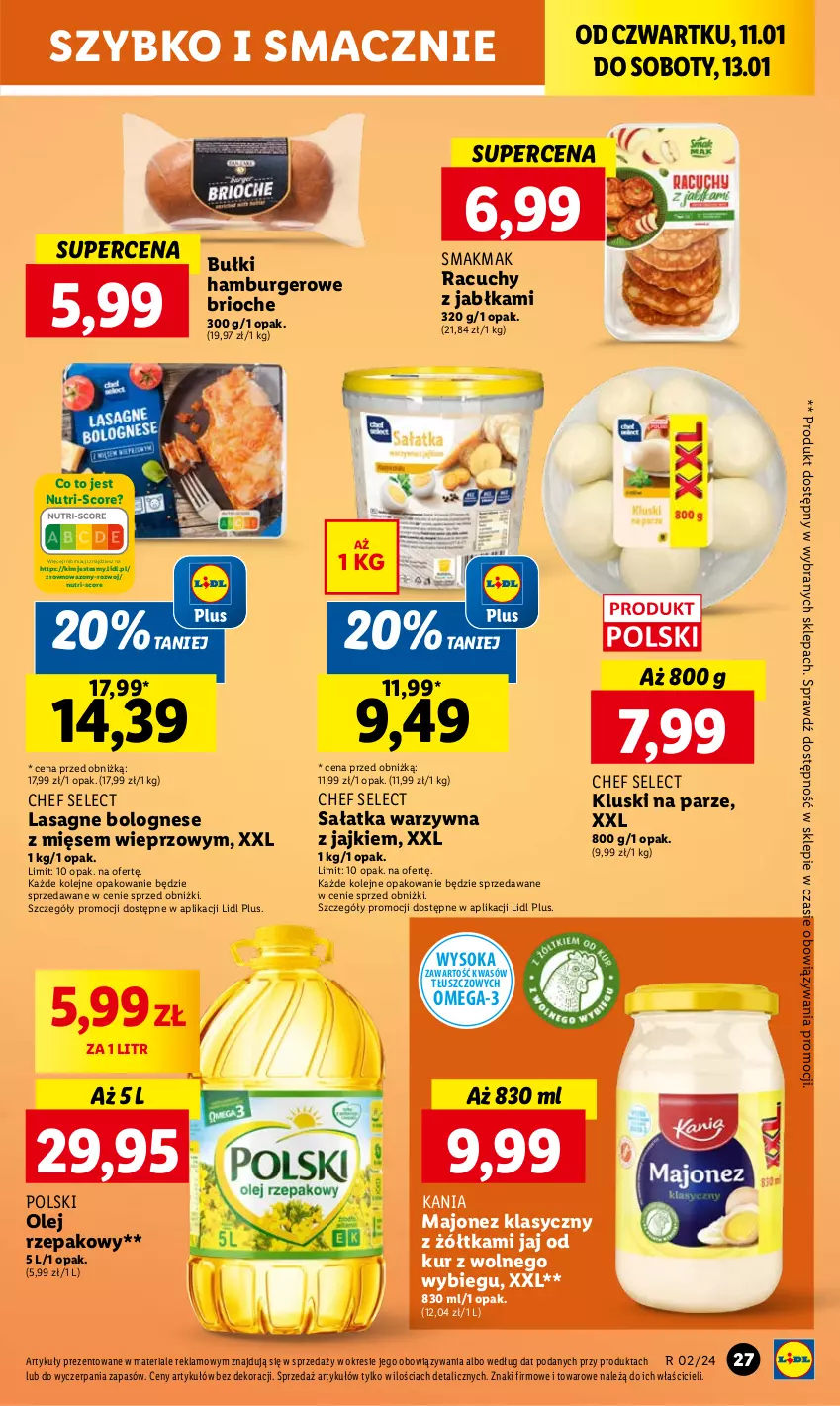 Gazetka promocyjna Lidl - GAZETKA - ważna 11.01 do 13.01.2024 - strona 29 - produkty: Burger, Hamburger, Jabłka, Kluski na parze, Lasagne, Lasagne bolognese, Majonez, Olej, Olej rzepakowy, Omega-3, Sałat, Sałatka, Sałatka warzywna, Sok, Wazon