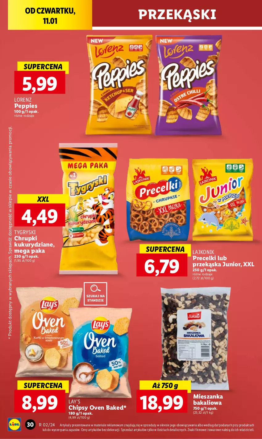 Gazetka promocyjna Lidl - GAZETKA - ważna 11.01 do 13.01.2024 - strona 34 - produkty: Chipsy, Chrupki, Gry, Lajkonik, Lay’s, Lorenz, Mieszanka bakaliowa, Precelki