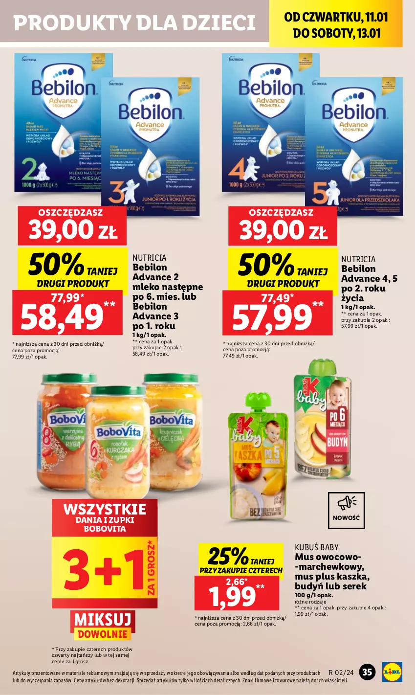 Gazetka promocyjna Lidl - GAZETKA - ważna 11.01 do 13.01.2024 - strona 41 - produkty: BEBILON, BoboVita, Budyń, Dzieci, Kubuś, Mleko, Mus, O nas, Ser, Serek