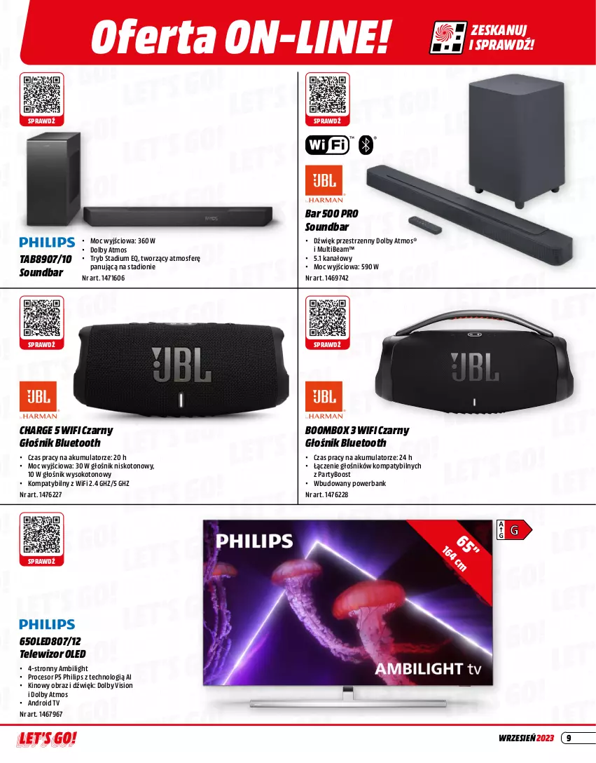 Gazetka promocyjna Media Markt - Gazetka Media Markt - ważna 01.09 do 30.09.2023 - strona 9 - produkty: Akumulator, Android TV, Głośnik, Głośnik bluetooth, Obraz, Philips, Powerbank, Procesor, Sok, Soundbar, Telewizor