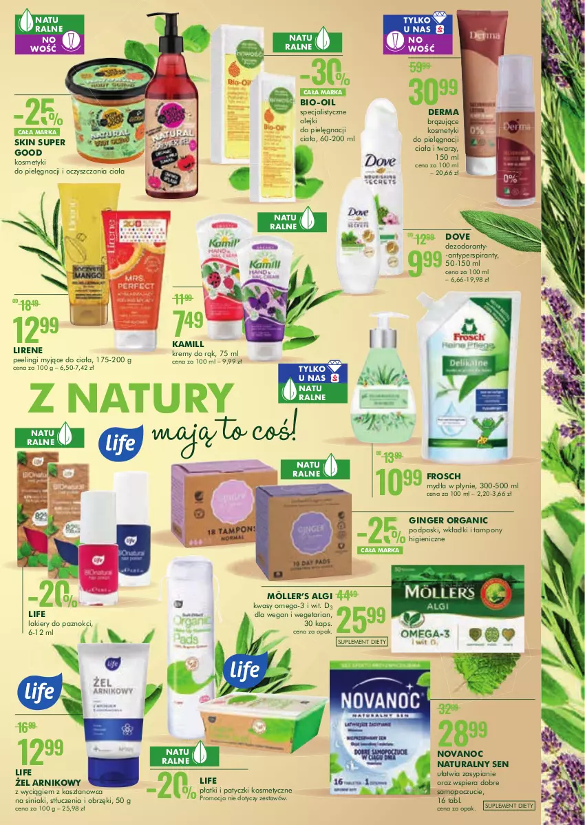 Gazetka promocyjna Super Pharm - Gazetka - ważna 12.08 do 26.08.2021 - strona 5 - produkty: Antyperspirant, Bio-Oil, Dezodorant, Dove, Frosch, Gin, Kamill, Kosmetyki do pielęgnacji, Lakier, LG, Lirene, Mop, Olej, Omega-3, Patyczki kosmetyczne, Peeling, Podpaski, Suplement diety, Tampony, Wkładki