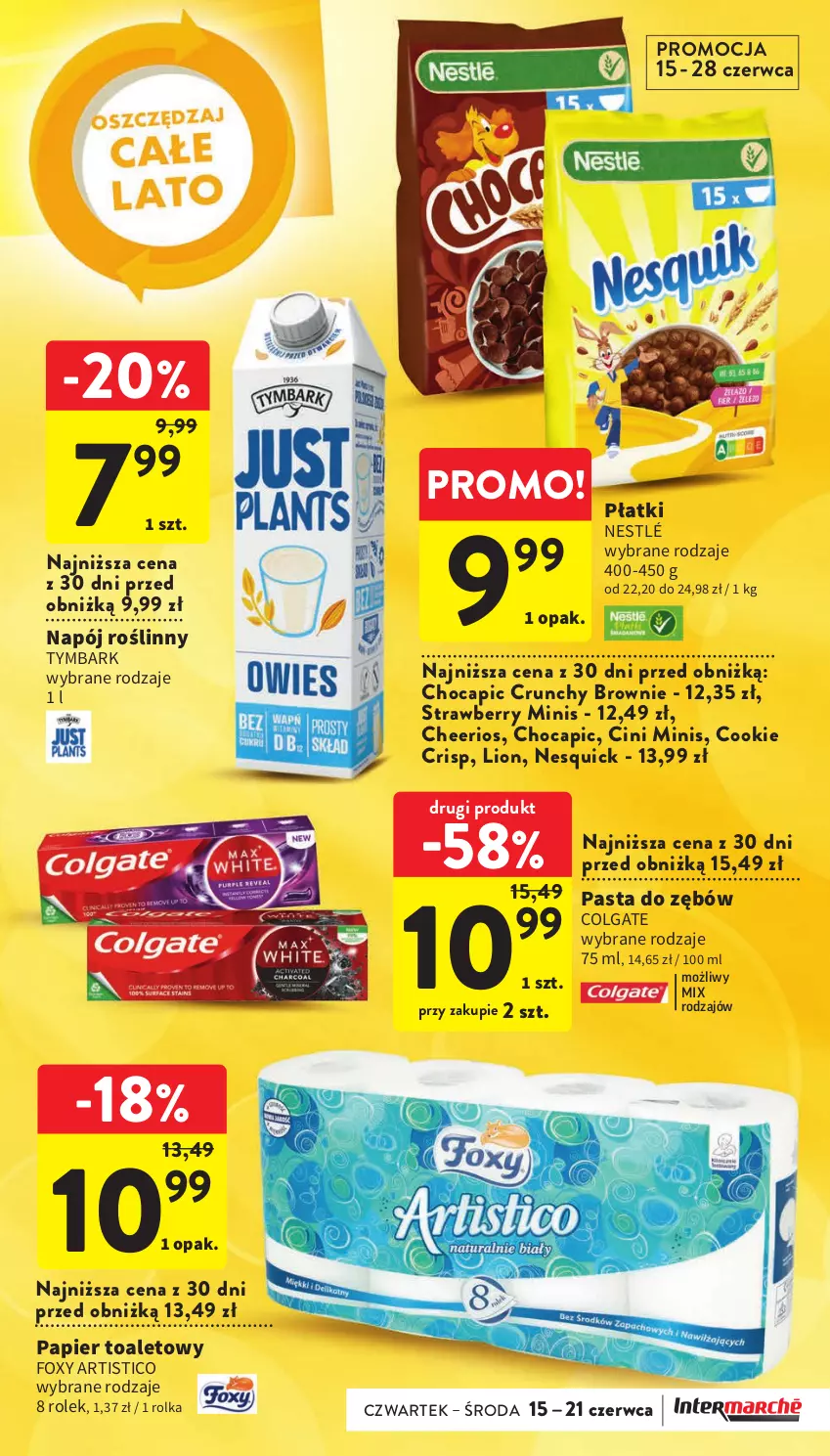 Gazetka promocyjna Intermarche - Gazetka Intermarche - ważna 15.06 do 21.06.2023 - strona 13 - produkty: Brownie, Cheerios, Cini Minis, Colgate, Foxy, LG, Lion, Napój, Napój roślinny, Nestlé, Papier, Papier toaletowy, Pasta do zębów, Tymbark