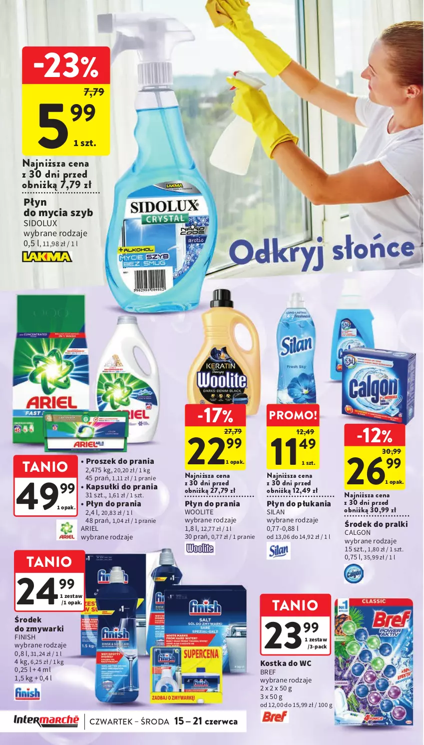 Gazetka promocyjna Intermarche - Gazetka Intermarche - ważna 15.06 do 21.06.2023 - strona 34 - produkty: Ariel, Bref, Calgon, Finish, Kapsułki do prania, Kostka do wc, LG, Płyn do mycia, Płyn do płukania, Płyn do prania, Pralki, Proszek do prania, Sidolux, Silan, Woolite, Zmywarki