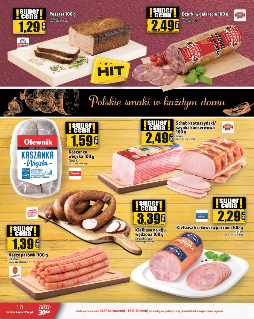 Gazetka promocyjna Topaz - Gazetka - ważna 13.07 do 19.07.2023 - strona 10 - produkty: Gala, Kiełbasa, Olewnik, Pasztet, Pekpol, Por, Top