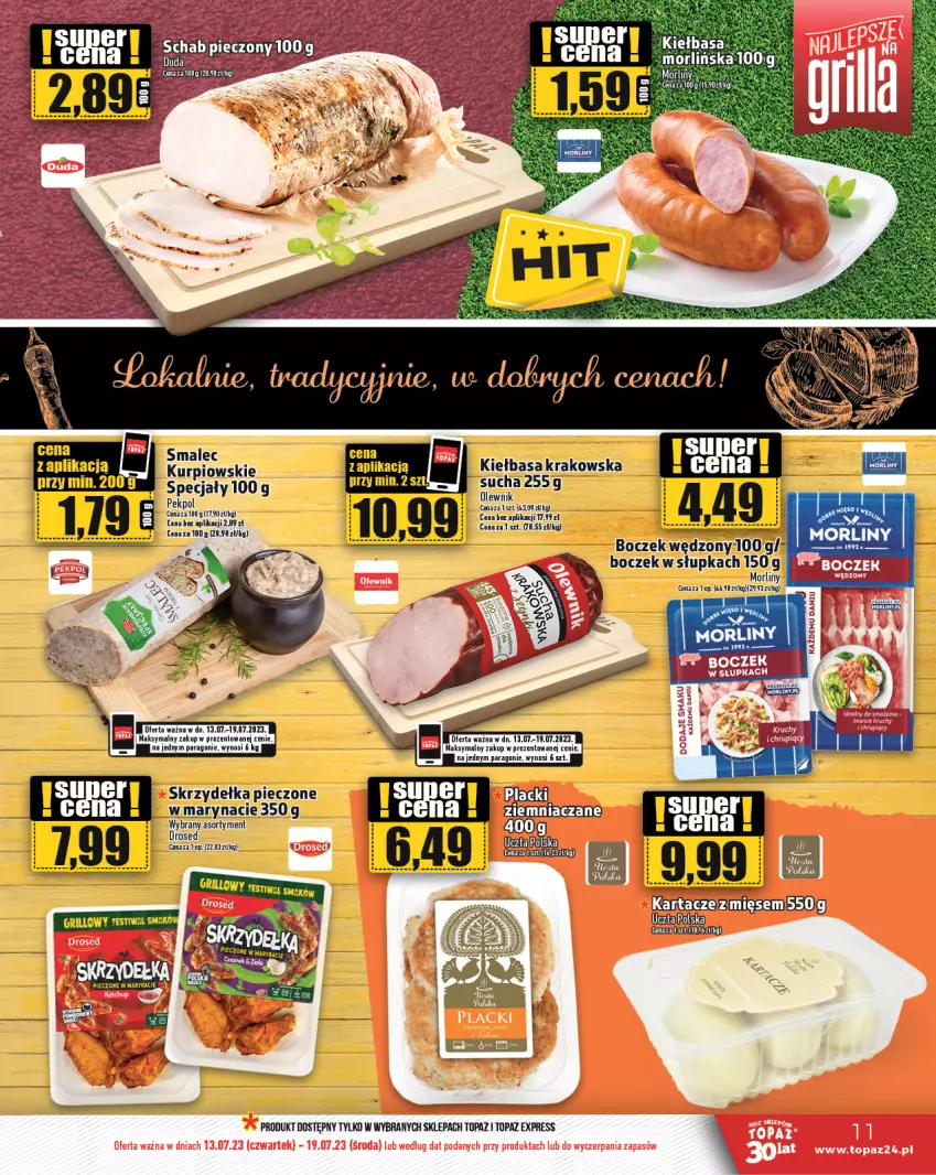 Gazetka promocyjna Topaz - Gazetka - ważna 13.07 do 19.07.2023 - strona 11 - produkty: Boczek, Grill, Kiełbasa, Kiełbasa krakowska, LG, Morliny, Olewnik, Pekpol, Piec, Skrzydełka pieczone, Smalec, Top