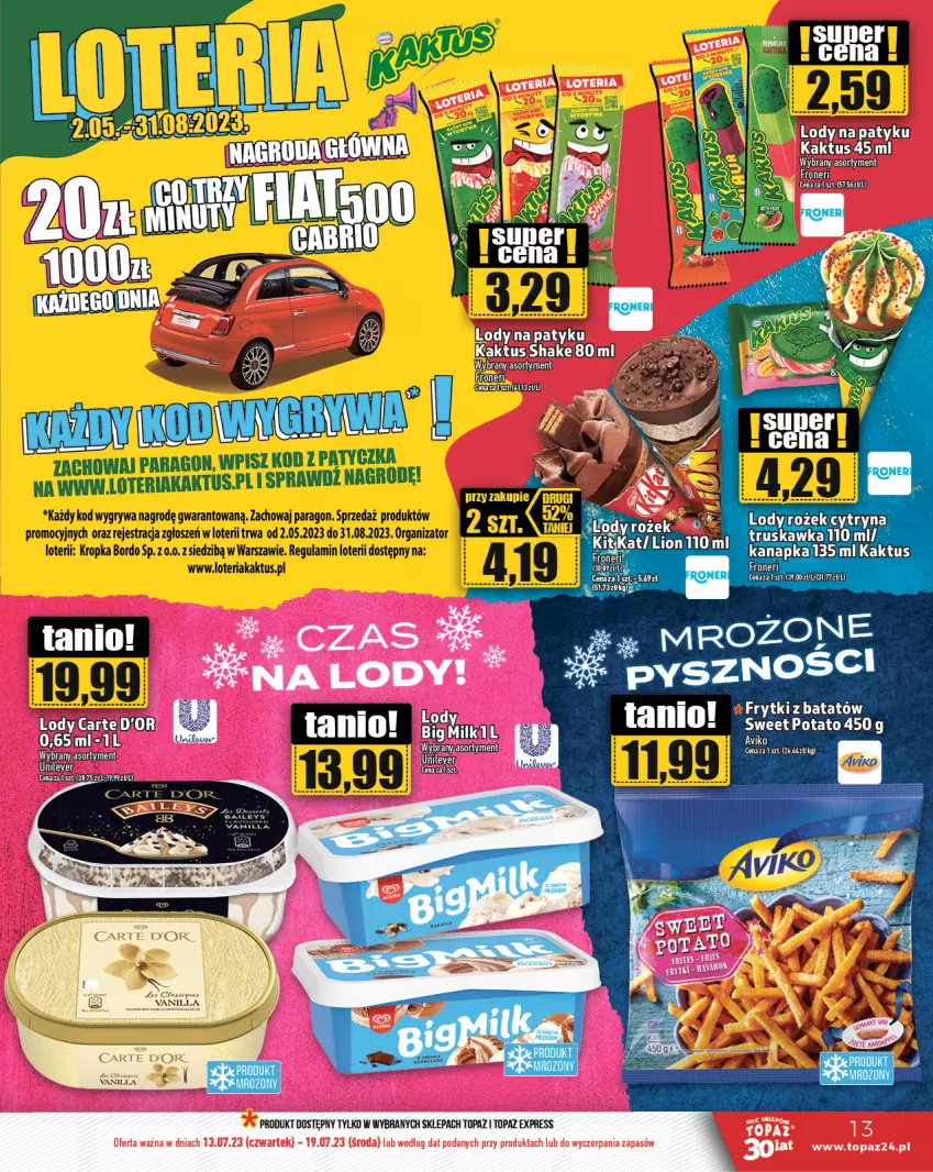 Gazetka promocyjna Topaz - Gazetka - ważna 13.07 do 19.07.2023 - strona 13 - produkty: Carte d'Or, Frytki, Gry, HP, Kaktus, Lody, Top