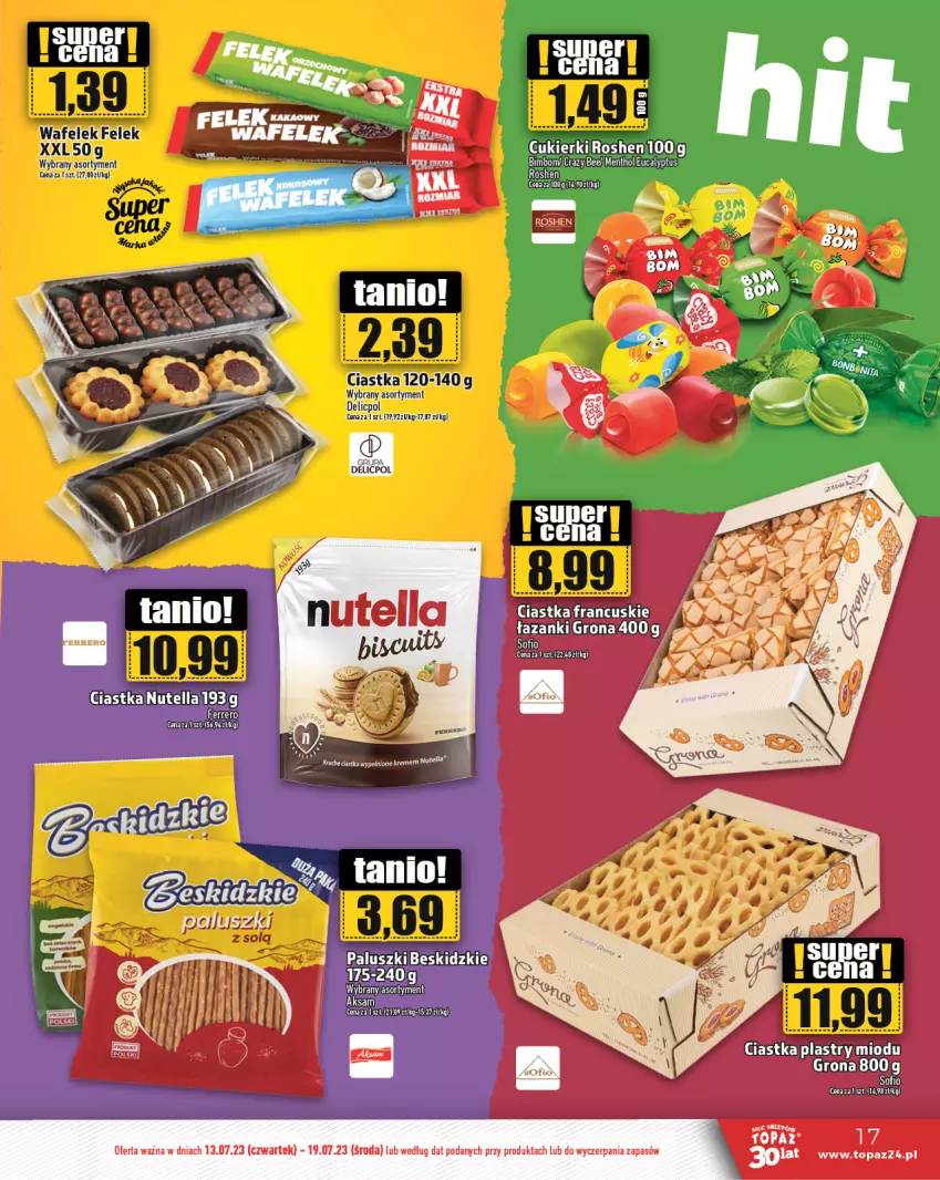 Gazetka promocyjna Topaz - Gazetka - ważna 13.07 do 19.07.2023 - strona 17 - produkty: Aksam, Beskidzki, Ciastka, Cukier, Cukierki, Ferrero, K2, Nutella, Top, Wafelek