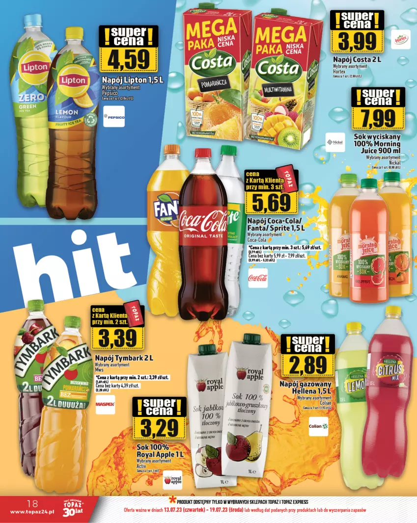 Gazetka promocyjna Topaz - Gazetka - ważna 13.07 do 19.07.2023 - strona 18 - produkty: Coca-Cola, Fa, Fanta, Hellena, Lipton, Napój, Pepsi, Piwo, Sok, Sprite, Top, Tymbark