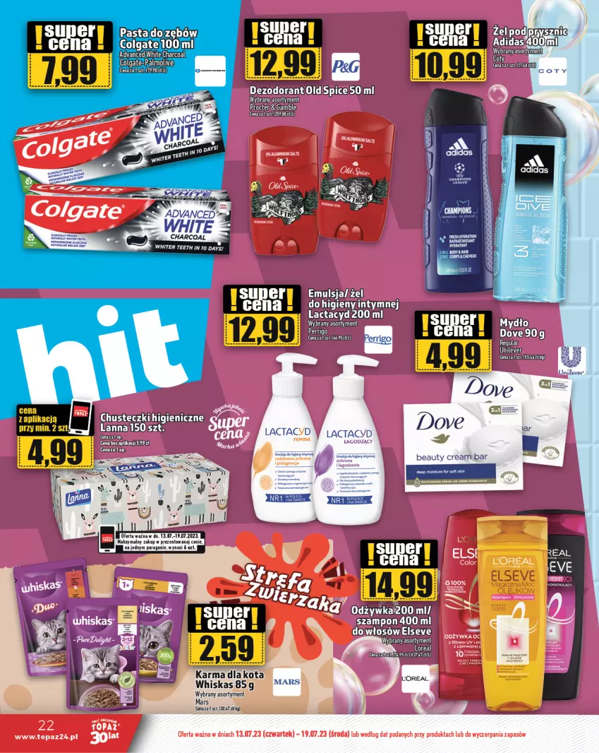 Gazetka promocyjna Topaz - Gazetka - ważna 13.07 do 19.07.2023 - strona 22 - produkty: Colgate, Dove, Elseve, Lactacyd, LG, Palmolive, Whiskas